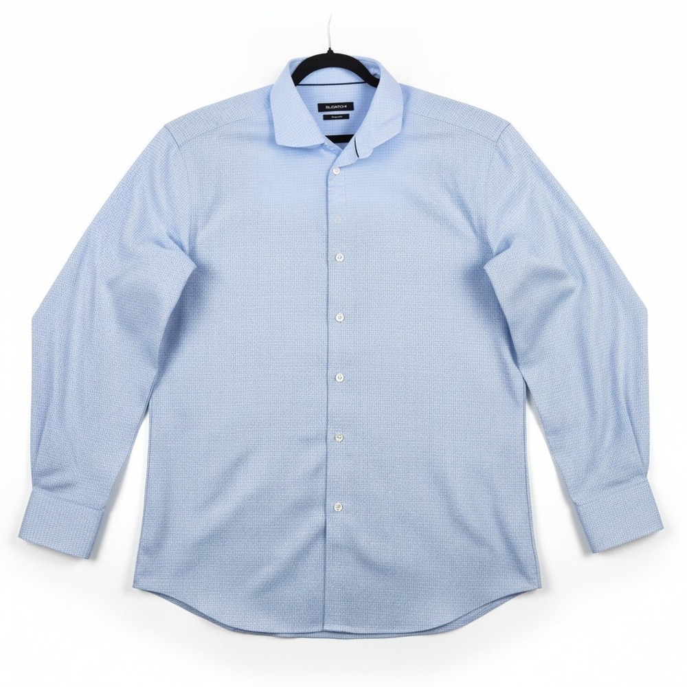 Bugatchi Button Up Shirt Men 3XL Light Blue Shaped Fit Micro Check Long Sleeve